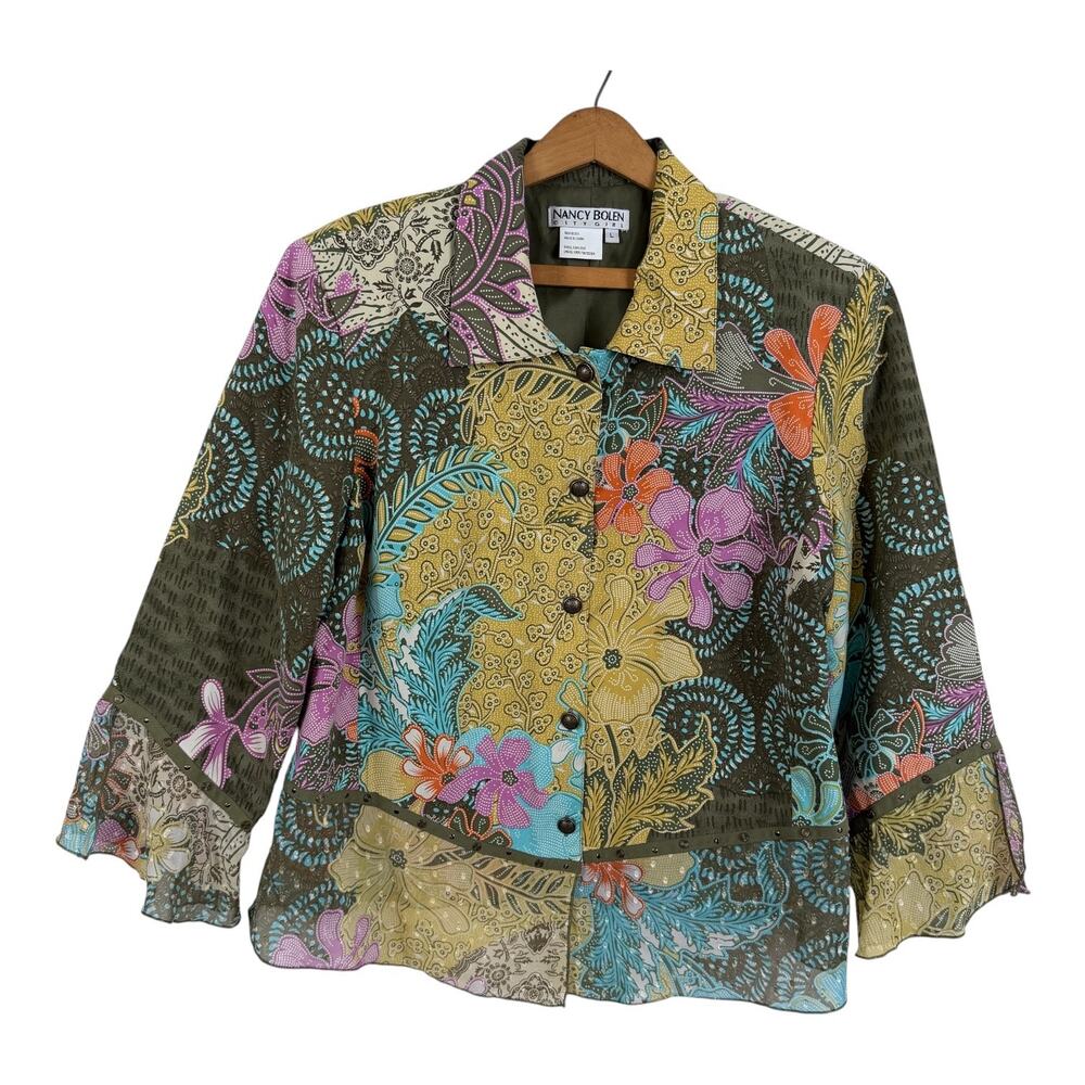 Vintage Nancy Bolen City Girl Silk Blazer Jacket Large Floral Flare Sleeves Boho